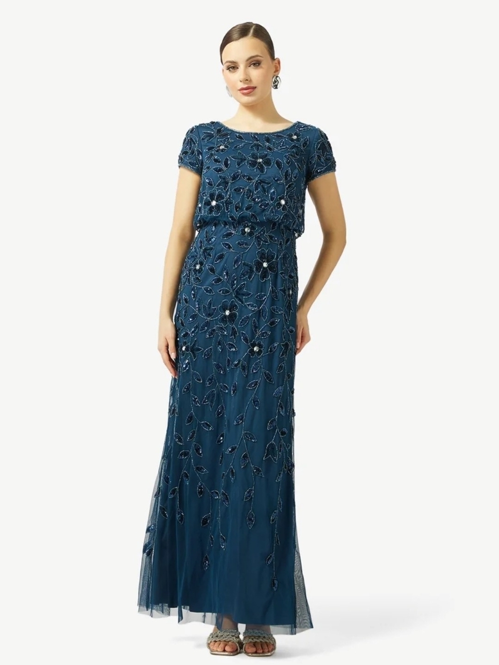 Adrianna Papell Blouson Beaded Gown Teal Embellished Short-Sleeve Dress Size 16
